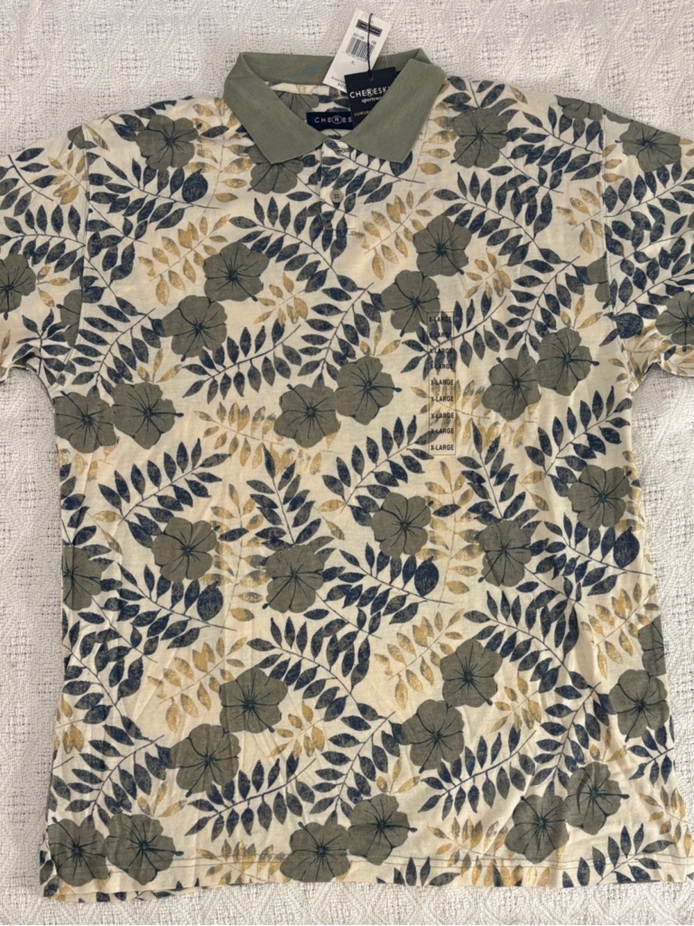 Chereskin Silk Floral Polo Shirt In Greens and Cremes Men's Size XL NWT Vintage